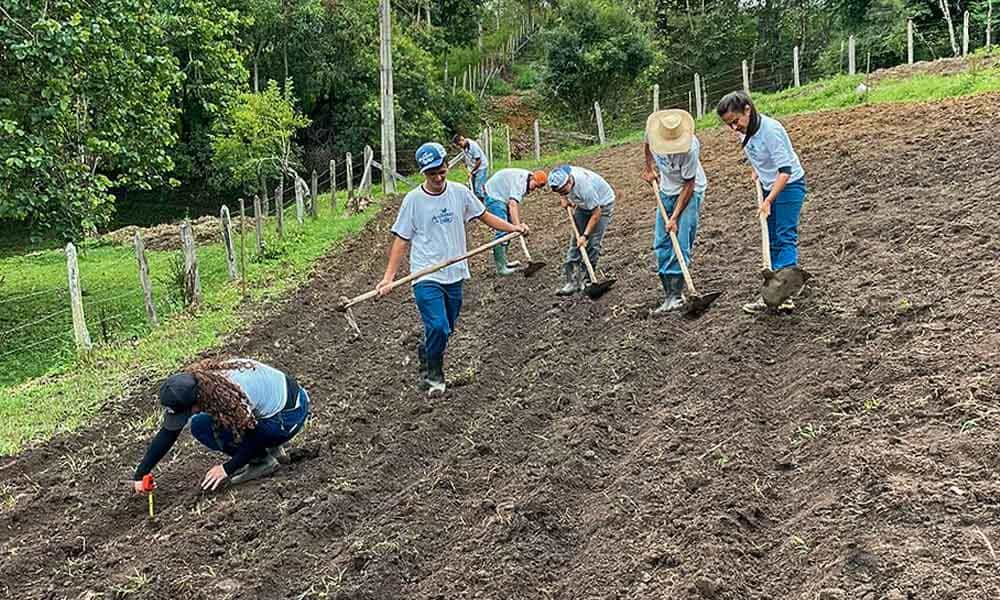 Alunos da FUNDAÇÃO ROGE aplicando educação ambiental em um solo, usando enxada e fita métrica