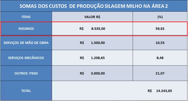 Soma dos custos de produção silagem milho